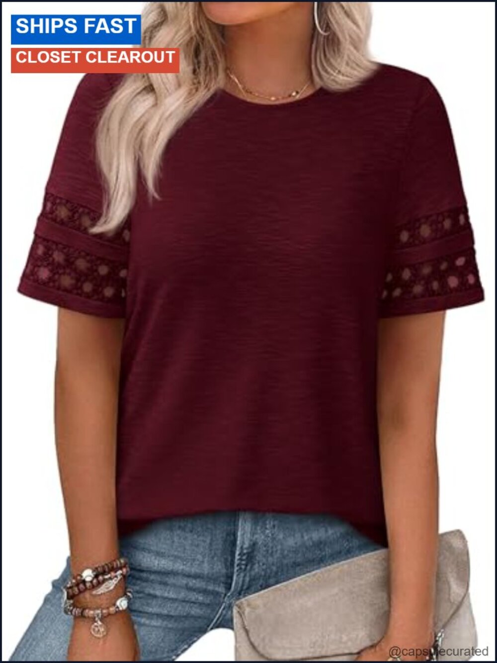 Womens Lace Trim Short Sleeve T-Shirt Crew Neck Summer Top